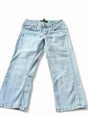 Light wash low rise flare capri cropped jeans #denim #flares   Dollhouse size 5
